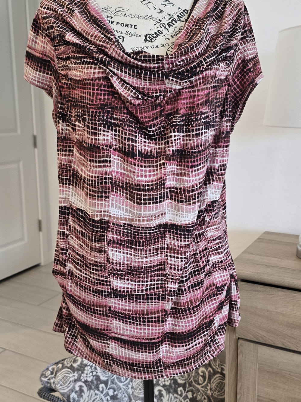Worthington Pink and Black Patterned Cowl Neck Blouse